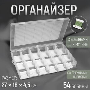 Органайзер для ниток мулине с бобинами, со съёмными ячейками, 18 отделений, 27 18 4,5 см, цвет прозрачный