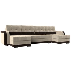 П-образный диван «Марсель», механизм еврокнижка, велюр, цвет бежевый / коричневый