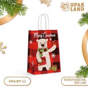 Пакет бумажный подарочный новогодний крафт "Белый Медведь" 15 21 8 см.
