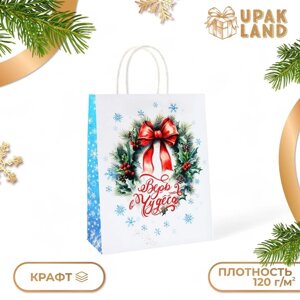 Пакет бумажный подарочный новогодний крафт "Чудеса" 32 х 26 х 11 см.