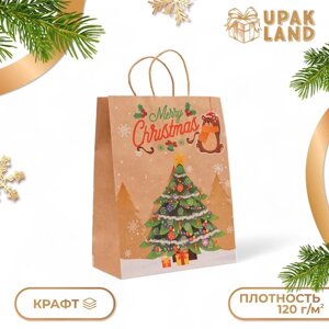 Пакет бумажный подарочный новогодний крафт "Ёлка", 33 26 12 см.