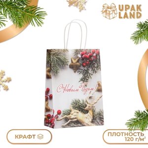 Пакет бумажный подарочный новогодний крафт "Новогоднее украшение" 18 х 8 х 25 см.