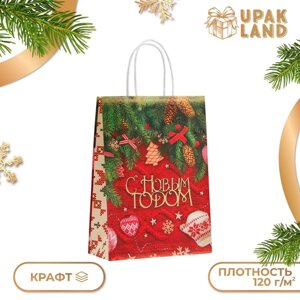 Пакет бумажный подарочный новогодний крафт "Новогодняя атмосфера" 18 х 8 х 25 см.