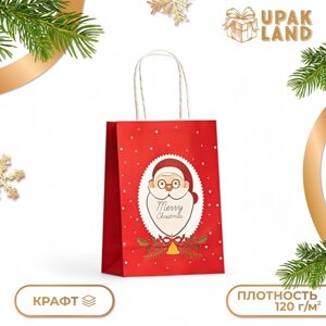 Пакет бумажный подарочный новогодний крафт "Санта" 120г/м 15 х 8 х 21 см. Новый год