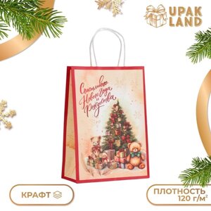 Пакет бумажный подарочный новогодний крафт "Счастливого Нового Года" 18 х 8 х 25 см.