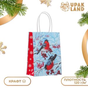 Пакет бумажный подарочный новогодний крафт "Снегири" 16 х 12 х 6 см.