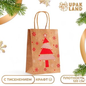 Пакет крафт с тиснением, "Ёлка" круглая ручка, 15 х 21 х 8 см, 120 г