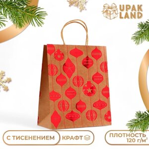 Пакет крафт с тиснением, круглая ручка, "Ёлочные игрушки" 33 х 25 х 12 см, 120 г