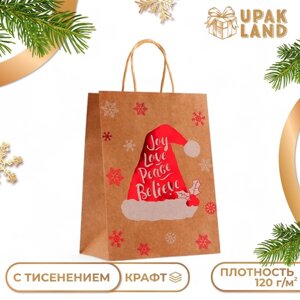 Пакет крафт с тиснением, круглая ручка, "Колпак" 21 х 27 х 11 см, 120 г