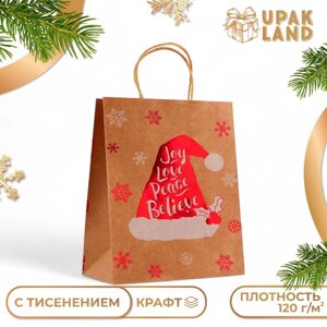 Пакет крафт с тиснением, круглая ручка, "Колпак" 33 х 25 х 12 см, 120 г