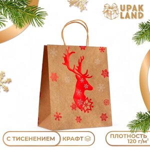 Пакет крафт с тиснением, круглая ручка, "Олень" 33 х 25 х 12 см, 120 г