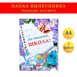 Папка с двумя файлами А4 "До свидания, школа! фон из сирени, глобус, микроскоп