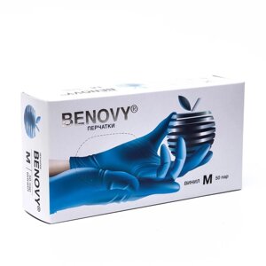 Перчатки Benovy медицинские нитриловые текстурированные голубые 3,0 гр M, 50 пар уп.