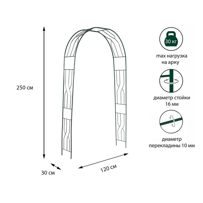 Арка садовая, 250  120  30 см, для вьющихся растений, металлическая, зелёная - акции