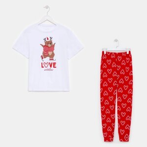 Пижама новогодняя женская (футболка и брюки) KAFTAN "Love", цвет белый/красный, размер 48-50