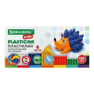 Пластилин 6цв 120г brauberg "KIDS", со стеком, высшее качество 106435