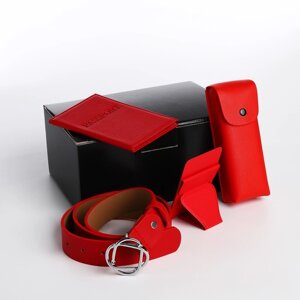 Подарочный набор, ремень с винтом, картхолдер на телефон, обложка для паспорта, футляр для очков, цвет красный