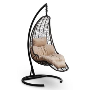 Подвесное кресло-кокон с подушкой "LUNA" черно, бежевая подушка, стойка 68х70х195см