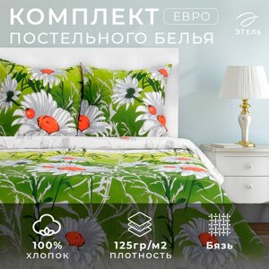 Постельное бельё "Этель" евро Ромашковое поле 200х217 см, 240*220 см, 70х70 см - 2 шт., 100% хлопок, бязь 125 г/м²