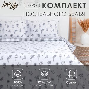 Постельное бельё LoveLife евро "Dark flowers" 200х217см, 225х240см, 50х70см-2шт,100% хлопок, сатин, 125г/м²