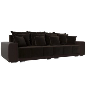 Прямой диван «Лига 028», еврокнижка, НПБ, микровельвет / экокожа, коричневый / коричневый