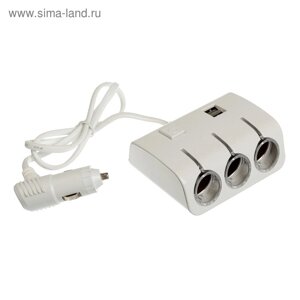 Разветвитель прикуривателя, 3 гнезда, 2 USB 1 А, 60 Вт, 12/24 В, подсветка, провод 70 см