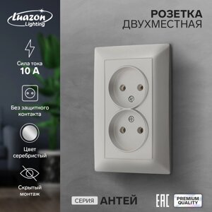 Розетка двухместная Luazon Lighting "Антей", 10 А, скрытая, без з/к, серебристая