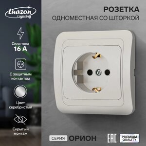 Розетка одноместная со шторкой Luazon Lighting "Орион", 16 А, скрытая, с з/к, серебристая