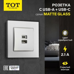 Розетка с USB-A + USB-C разъёмами, 2.1 A, 5В, TOT Matte Glass, скрытая, стекло, серебристая 104396