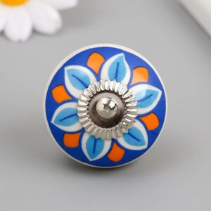 Ручка для шкатулки керамика, металл "Цветок сине-оранжевый" 4,1х4,1х6 см