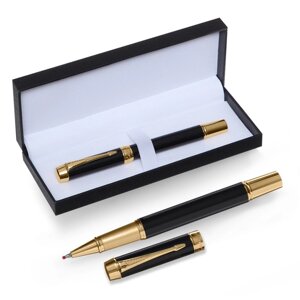 Ручка подарочная роллер, в кожзам футляре, корпус матовый черный, золото
