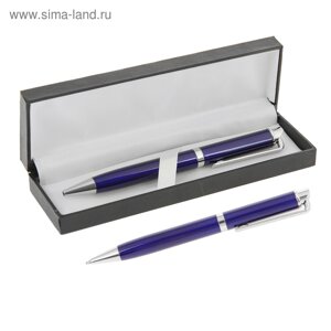 Ручка подарочная, шариковая "Эспрессо" в кожзам футляре, поворотная, синяя, с серебром