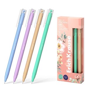 Ручка шариковая ErichKrause Slim Stick "Pastel Bloom", игольчатый узел 0.7 мм, синяя, тонкий дизайн Soft Touch, микс