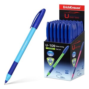 Ручка шариковая ErichKrause U-109 Neon Stick&Grip. узел 1.0 мм, корпус микс трехгранный, чернила синие