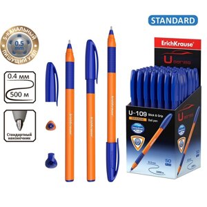 Ручка шариковая ErichKrause U-109 Orange Stick&Grip, игольчатый узел 1.0 мм, чернила синие, резиновый держатель, супермягкое письмо