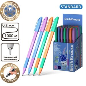 Ручка шариковая ErichKrause U-109 Stick&Grip Pastel Bloom, игольчатый узел 1.0 мм, чернила синие, резиновый держатель, МИКС