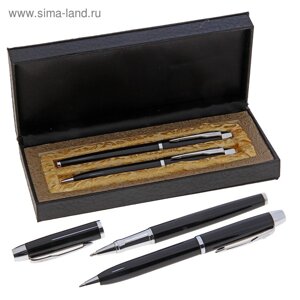 Ручки подарочные, 2 шт. капиллярная, шариковая поворотная "Вектор" в кожзам футляре, чёрные с серебристыми вставками