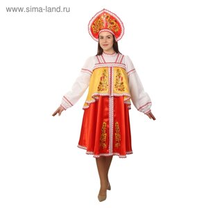 Русский народный костюм женский, платье с отлетной кокеткой, кокошник, красно-жёлтый, р-р 42, рост 170 см