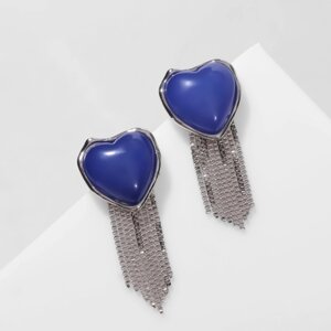 Серьги ассорти «Сердце» с цепочками, цвет синий в серебре