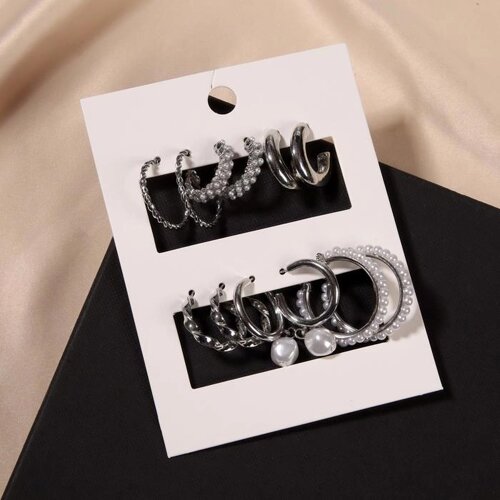Серьги-кольца набор 6 пар «Жемчужные» с подвесками, цвет белый в серебре