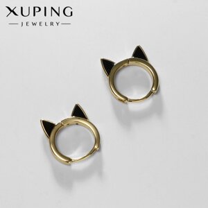 Серьги-кольца XUPING кошечка, цвет чёрный в золоте, d=1,6 см