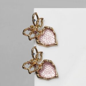 Серьги металл «Сердечки» розовая вставка, цвет золото