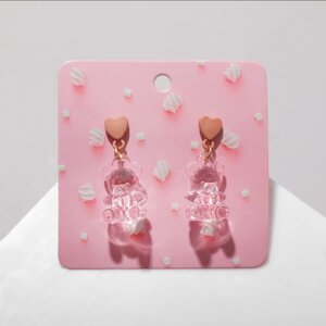 Серьги пластик «Мишки» с сердечками, цвет розовый в золоте
