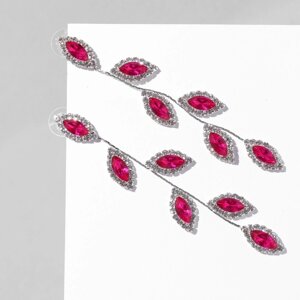 Серьги висячие со стразами «Листопад», цвет бело-розовый в серебре, 9 см