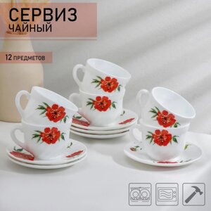 Сервиз чайный «Бархатная роза», 12 предметов: чашка 200 мл, блюдце d=14 см, стеклокерамика, цвет белый
