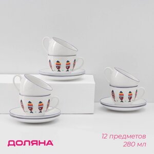 Сервиз фарфоровый чайный Доляна «Емеля», 12 предметов: 6 чашек 280 мл, 6 блюдец d=15 см, цвет белый