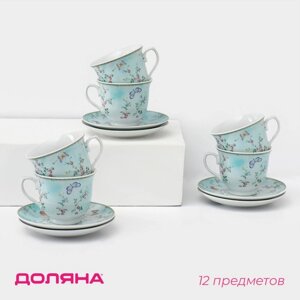 Сервиз керамический чайный Доляна «Пелагея», 12 предметов: 6 чашек 220 мл, 6 блюдец d=14 см