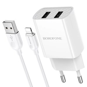 Сетевое зарядное устройство Borofone BA53A, 2xUSB, 2.1 А, кабель Lightning, 1 м, белое