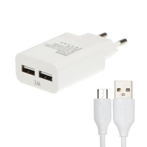 Сетевое зарядное устройство Exployd EX-Z-1423, 2 USB, 2.4 А, кабель microUSB, 1 м, белое
