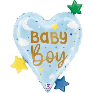 Шар фольгированный 25"Малыш мальчик, звёздочки», сердце, цвет голубой